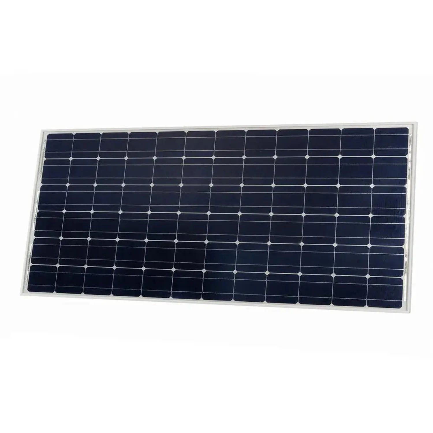 Victron 190W monocrystalline solar panel with white frame and dark blue photovoltaic cells arranged in rows, shown at an angl