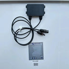 Victron Energy solar charge controller with black weatherproof junction box and paired MC4 connectors, displayed with specifi