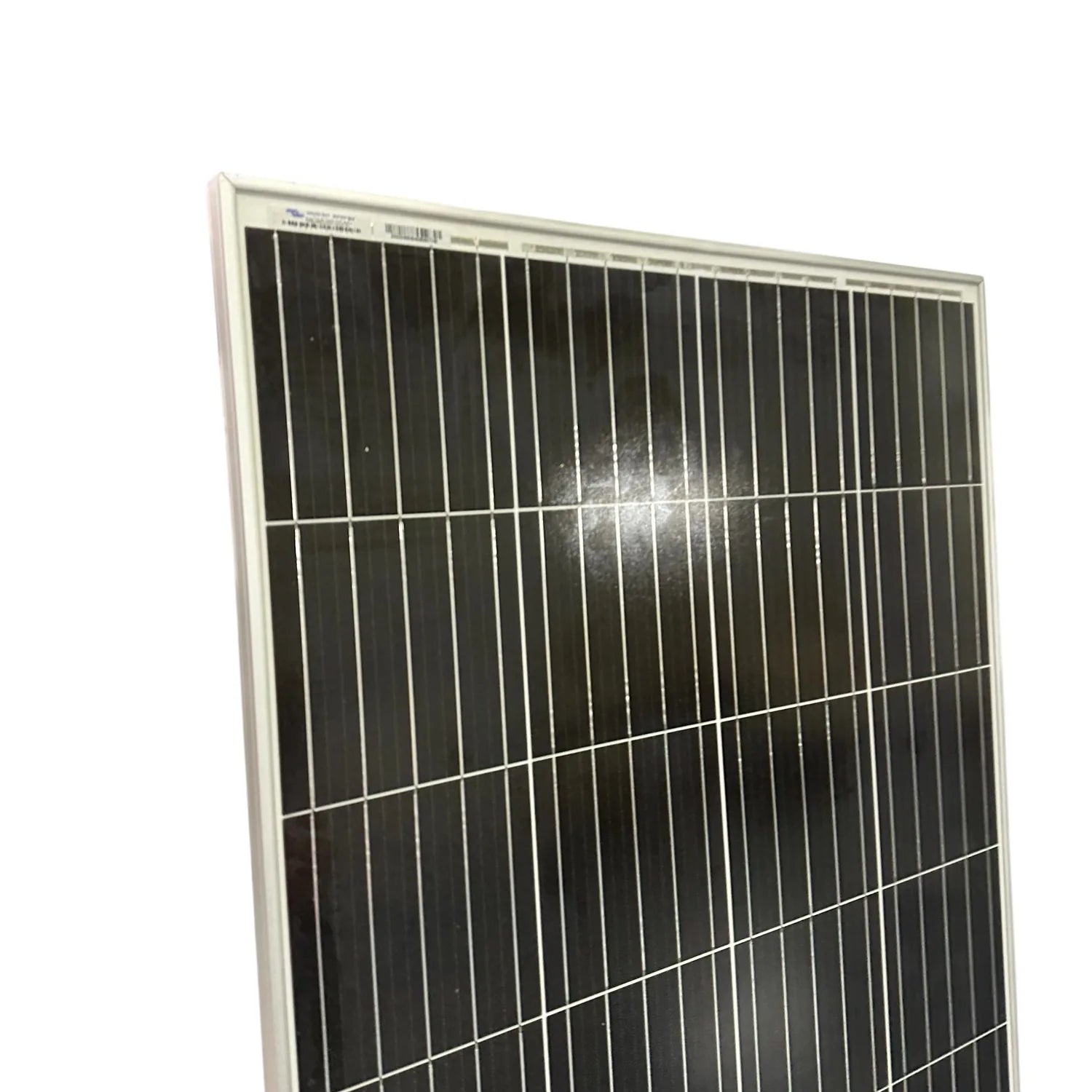 Victron 190W monocrystalline solar panel with white frame and gridded dark surface, angled view against white background.