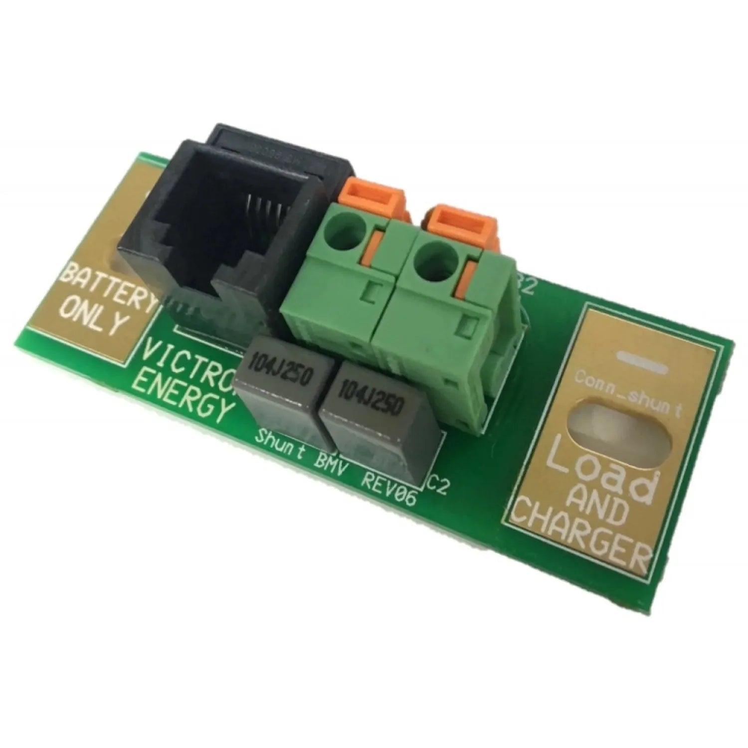 Victron Energy circuit board assembly with battery only label, RJ45 connector, two black ICs labeled INA250 and DA1250, green
