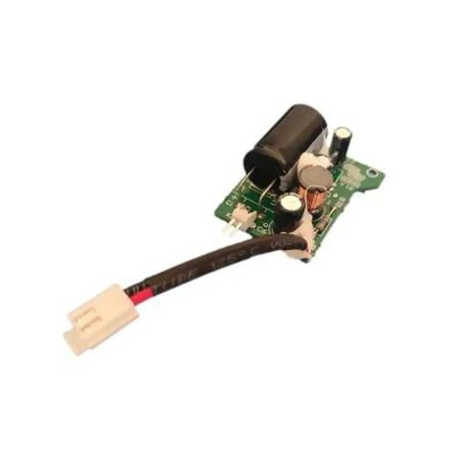 Green circuit board with black cylindrical capacitor, cream-colored connectors, and attached black cable with red stripe on w