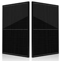 Two all-black monocrystalline solar panels displayed at an angle, showing their ribbed surface texture and white grid lines d