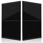 Two all-black monocrystalline solar panels displayed at an angle, showing their ribbed surface texture and white grid lines d