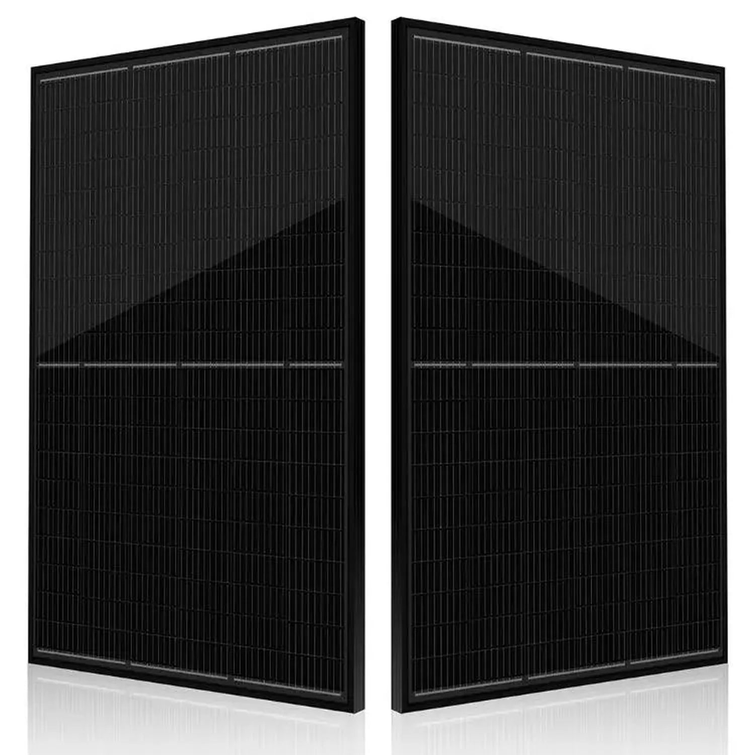 Two all-black monocrystalline solar panels displayed at an angle, showing their ribbed surface texture and white grid lines d