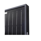 Black monocrystalline solar panel with white grid lines and two barcode labels, angled product shot against white background.