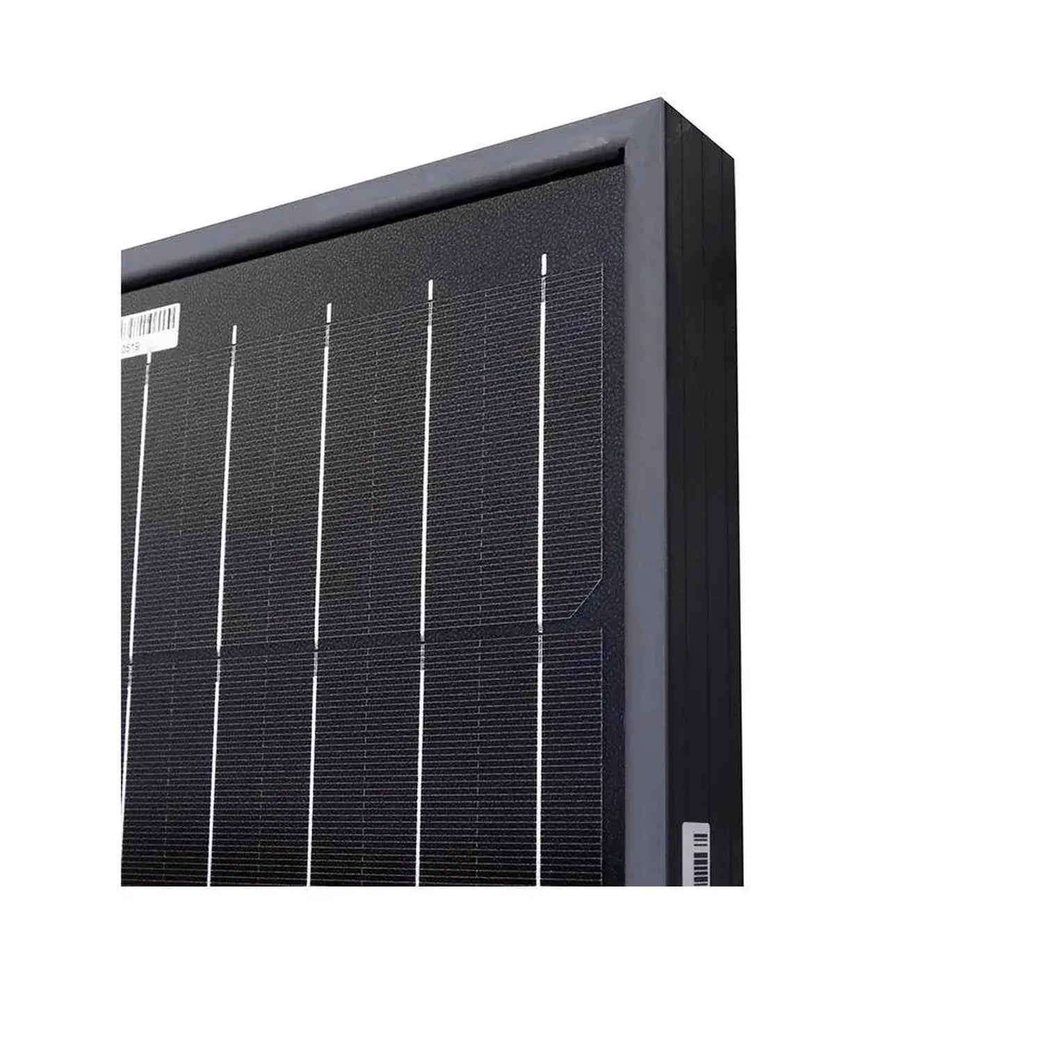 Black monocrystalline solar panel with white grid lines and two barcode labels, angled product shot against white background.