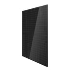 Black monocrystalline solar panel with half-cut cell configuration, shown at an angle against white background.