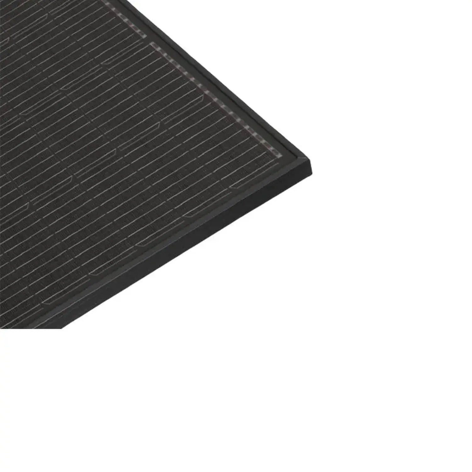 Close-up angled view of black monocrystalline solar panel showing grid pattern of cells and frame edge.
