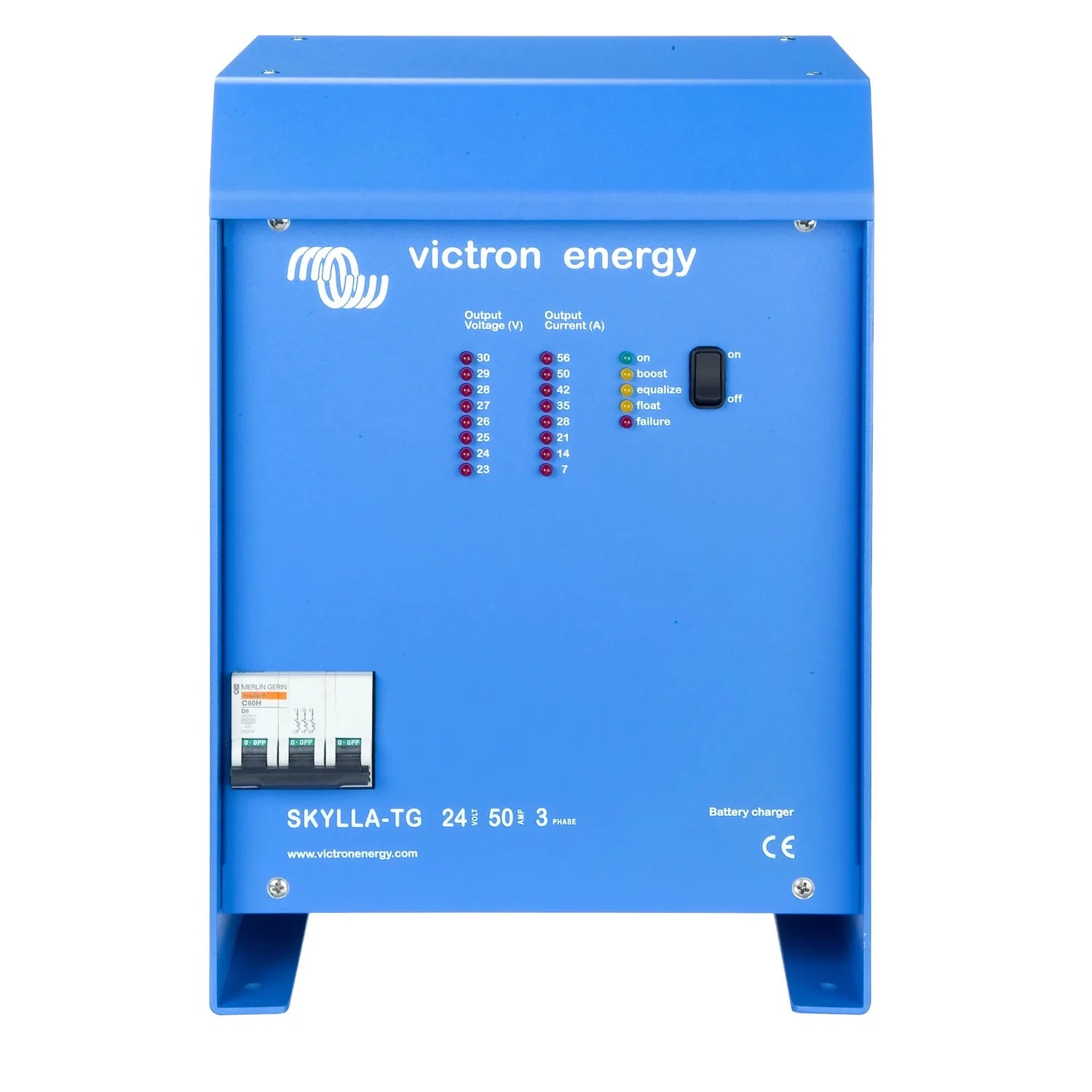 Blue Victron Energy Skylla-TG battery charger with LED indicator lights and toggle switch mounted on front panel.
