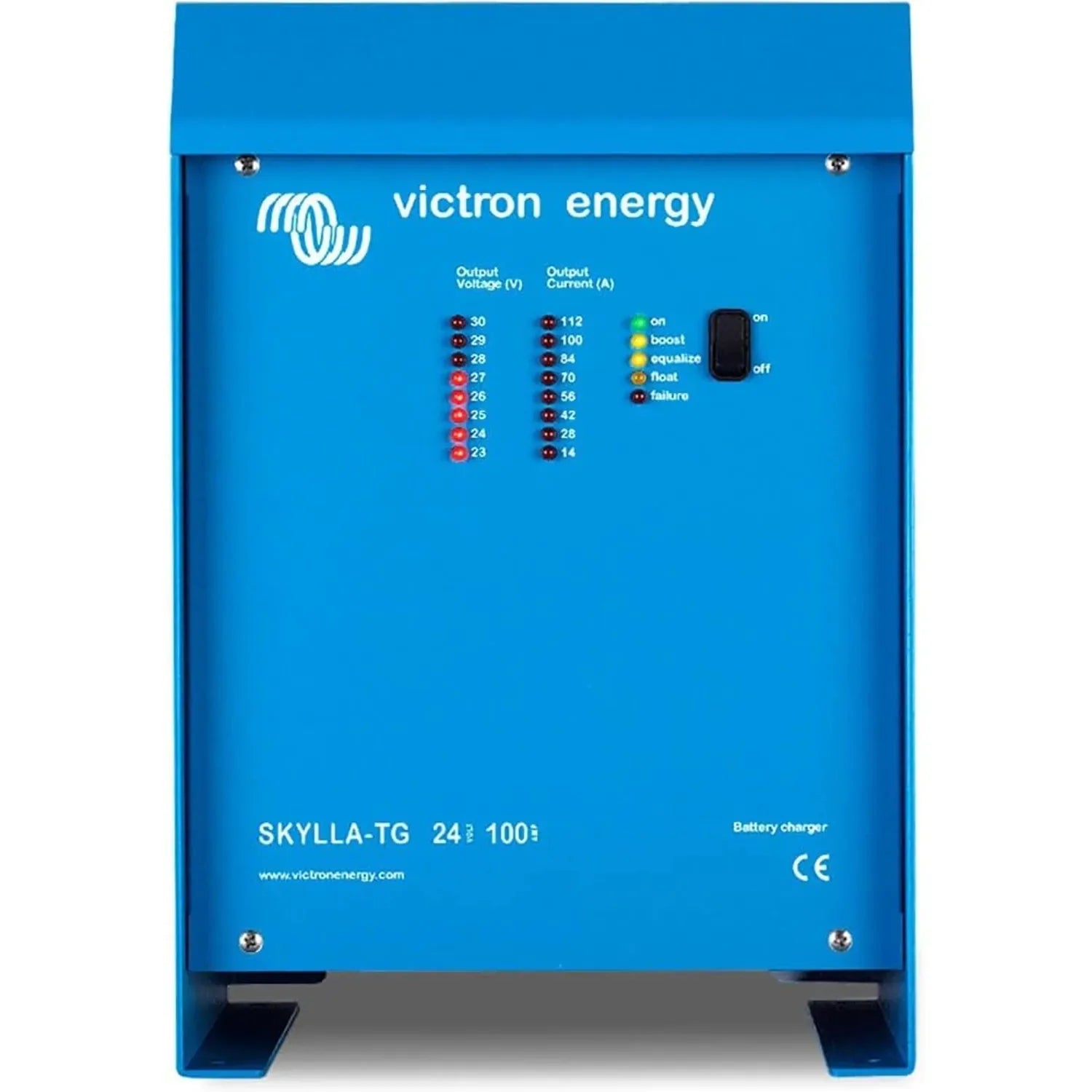 Victron Energy Skylla-TG 24/100 battery charger with blue metal casing, displaying output voltage and current indicators with