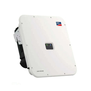 White SMA Sunny Tripower grid-tie inverter mounted on wall with status indicator lights and black mounting bracket visible.