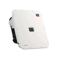 SMA Sunny Tripower white wall-mounted solar inverter with status indicator lights and black side panel connector.