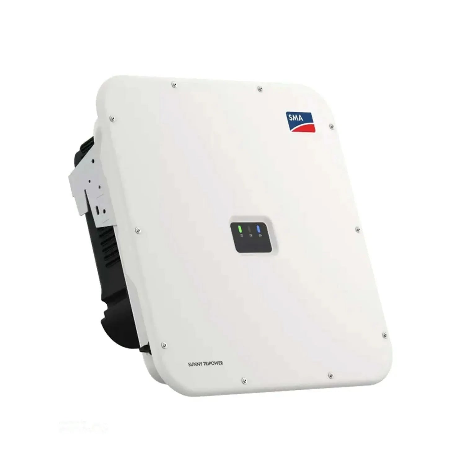 SMA Sunny Tripower white wall-mounted solar inverter with status indicator lights and black side panel connector.
