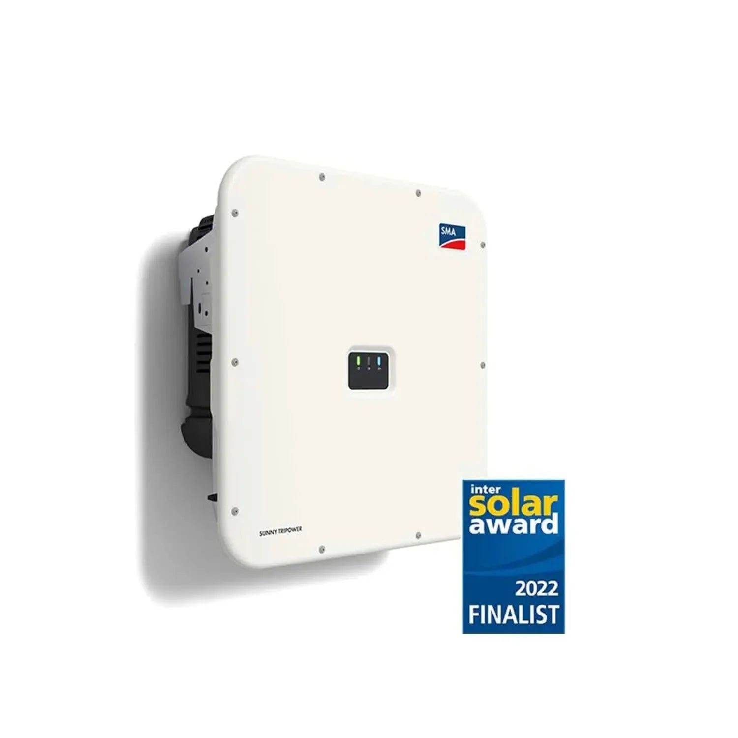 SMA Sunny Tripower X white wall-mounted solar inverter with status indicator lights and Inter Solar Award 2022 Finalist badge