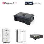 Solar Assistant monitoring kit components: Raspberry Pi 4 controller, Sunsynk charge controller, battery unit, and lithium ba