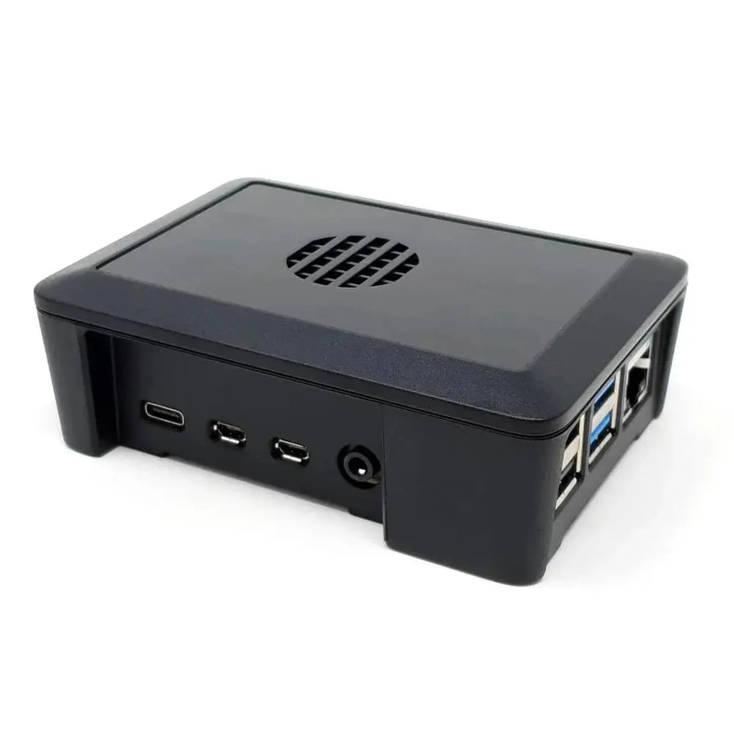 Black rectangular monitoring device with ventilation grill on top, USB ports and power connector on front side, Ethernet port