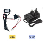 Two power supply units: left shows 9-60V DC PSU with converter and USB cable; right shows 100-240V AC PSU with UK plug adapte