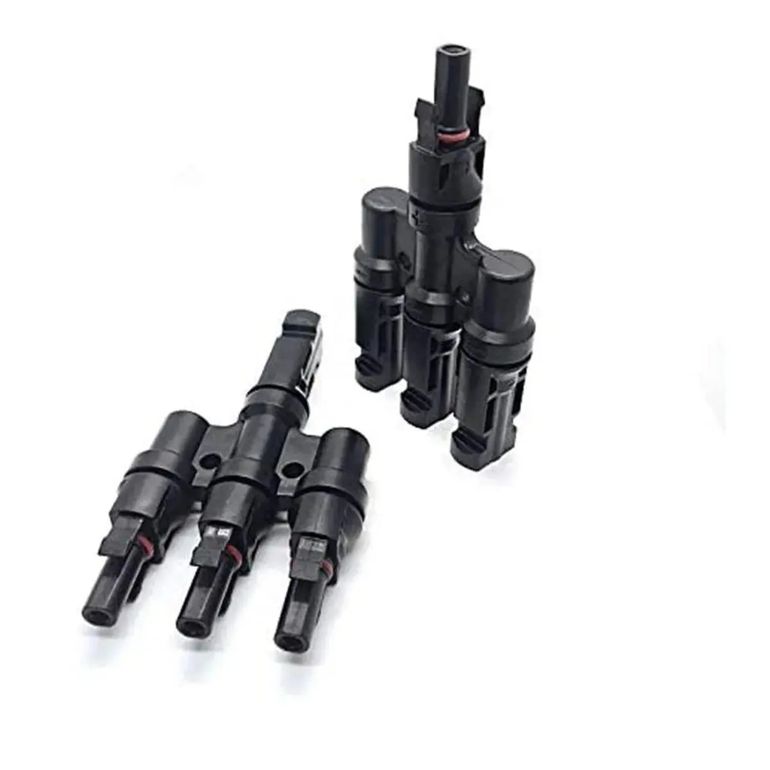 Solar panel MC4 branch connectors displayed in assembled and disassembled views, showing three-in-one-out configuration with 