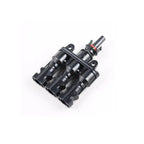Black MC4 solar panel branch connector with three input ports and one output port, shown against white background.