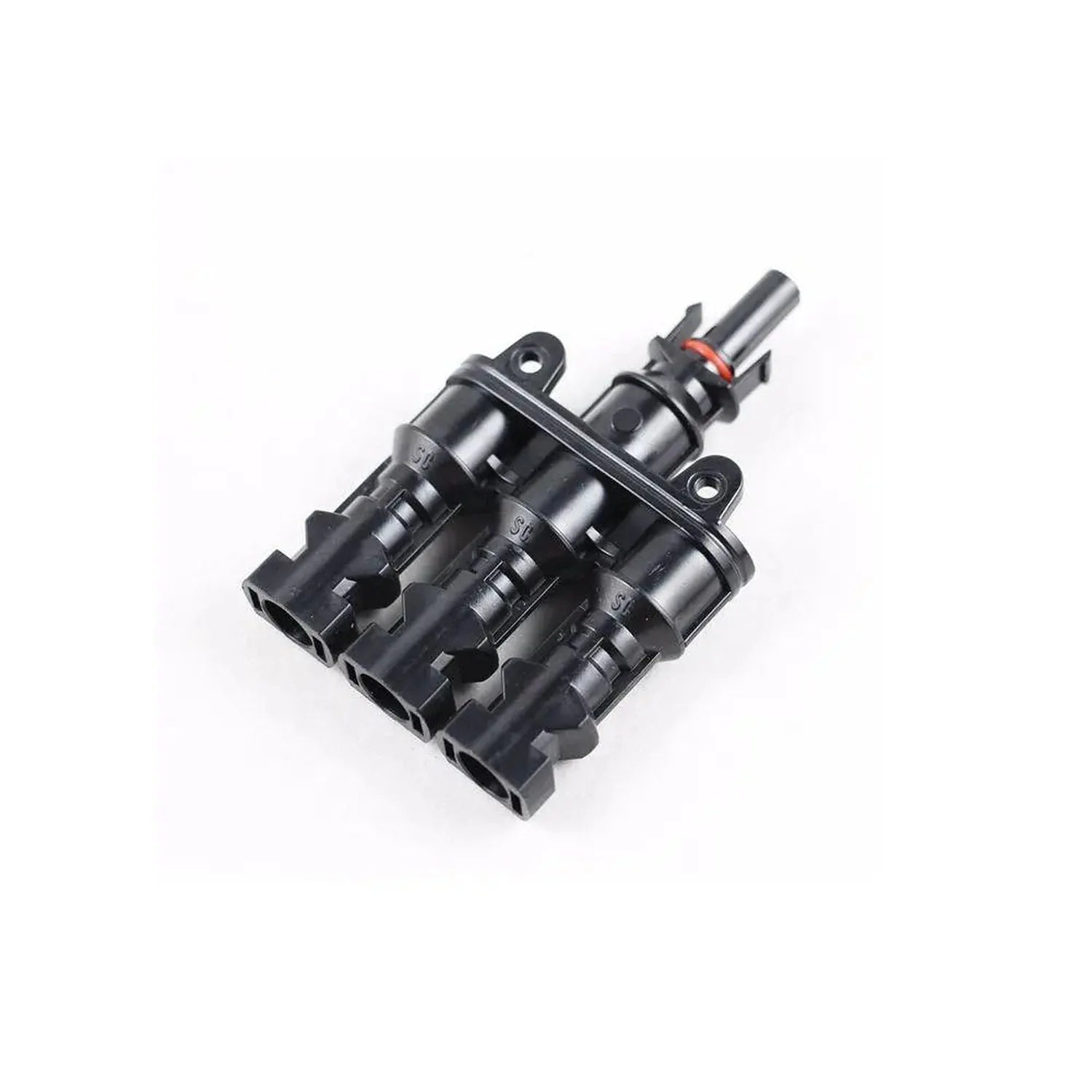 Black MC4 solar panel branch connector with three input ports and one output port, shown against white background.