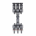 Solar panel MC4 connector branch with three input ports on top and bottom, one output port in middle, metallic and black cons
