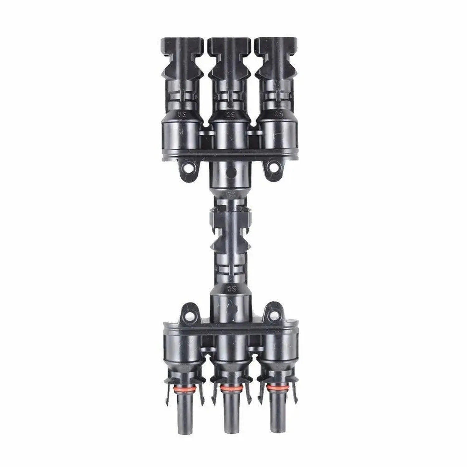 Solar panel MC4 connector branch with three input ports on top and bottom, one output port in middle, metallic and black cons
