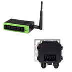 Tigo solar optimiser monitoring kit showing green gateway device with antenna and black access point component.