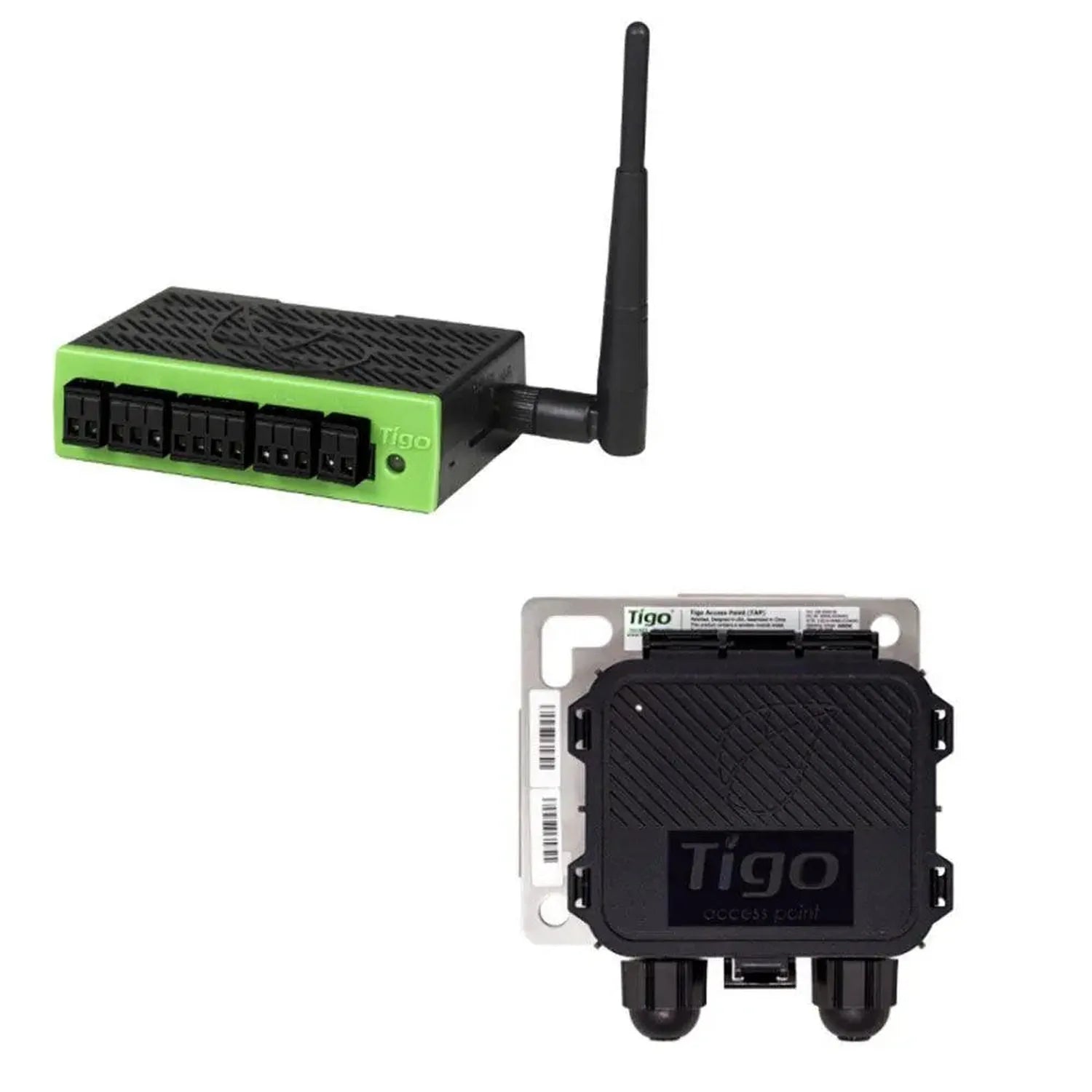 Tigo solar optimiser monitoring kit showing green gateway device with antenna and black access point component.
