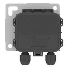 Tigo TAP solar panel optimizer with gray mounting plate and two black cable connectors, front view.