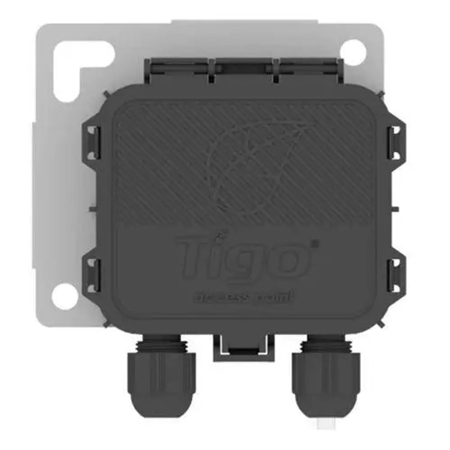 Tigo TAP solar panel optimizer with gray mounting plate and two black cable connectors, front view.