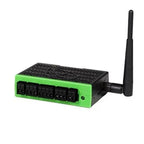 Green and black Tigo solar panel optimizer with multiple terminal connections and external antenna against white background.