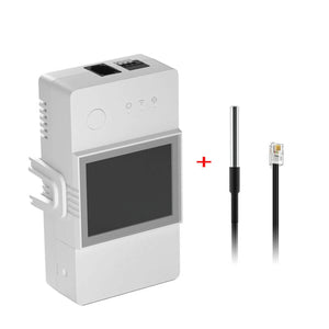 Sonoff TH Elite smart switch with display and accessories shown: device with screen and antenna, plus external antenna and RJ