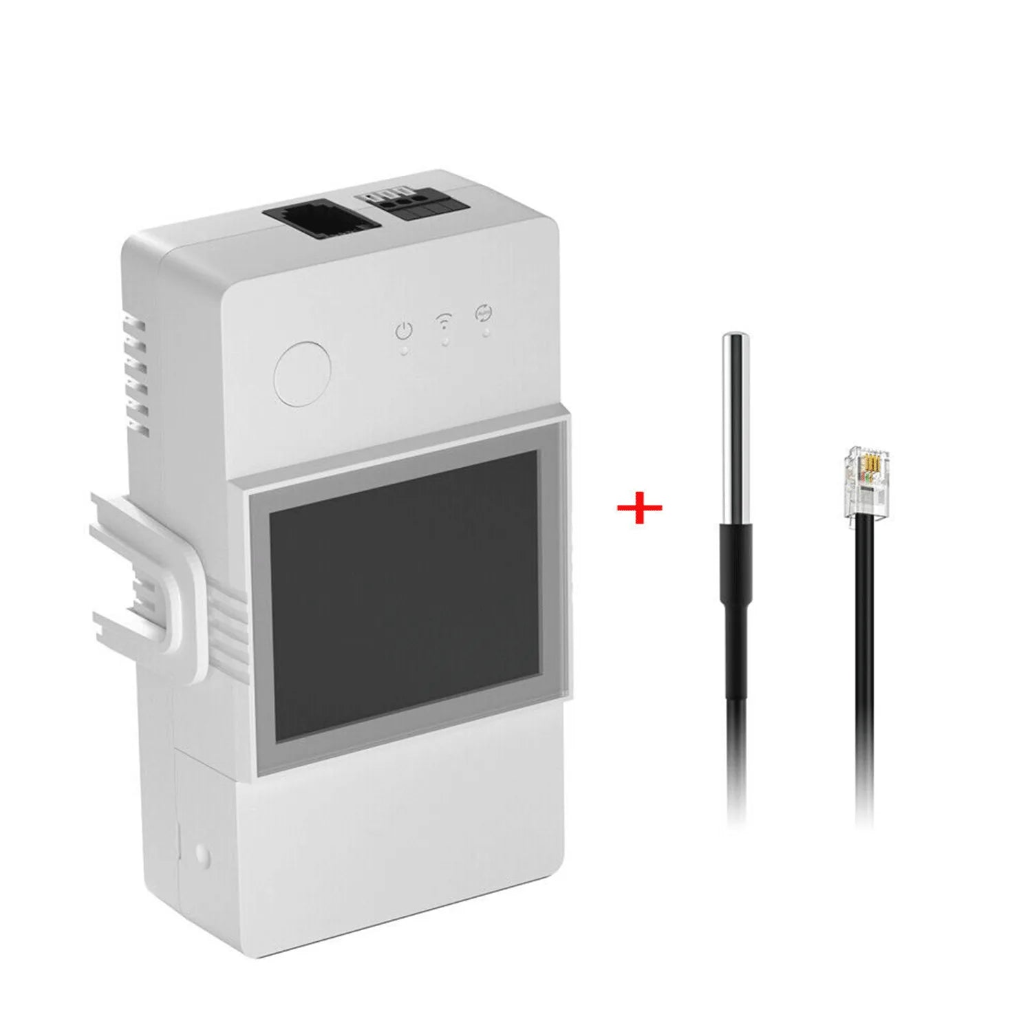 Sonoff TH Elite smart switch with display and accessories shown: device with screen and antenna, plus external antenna and RJ