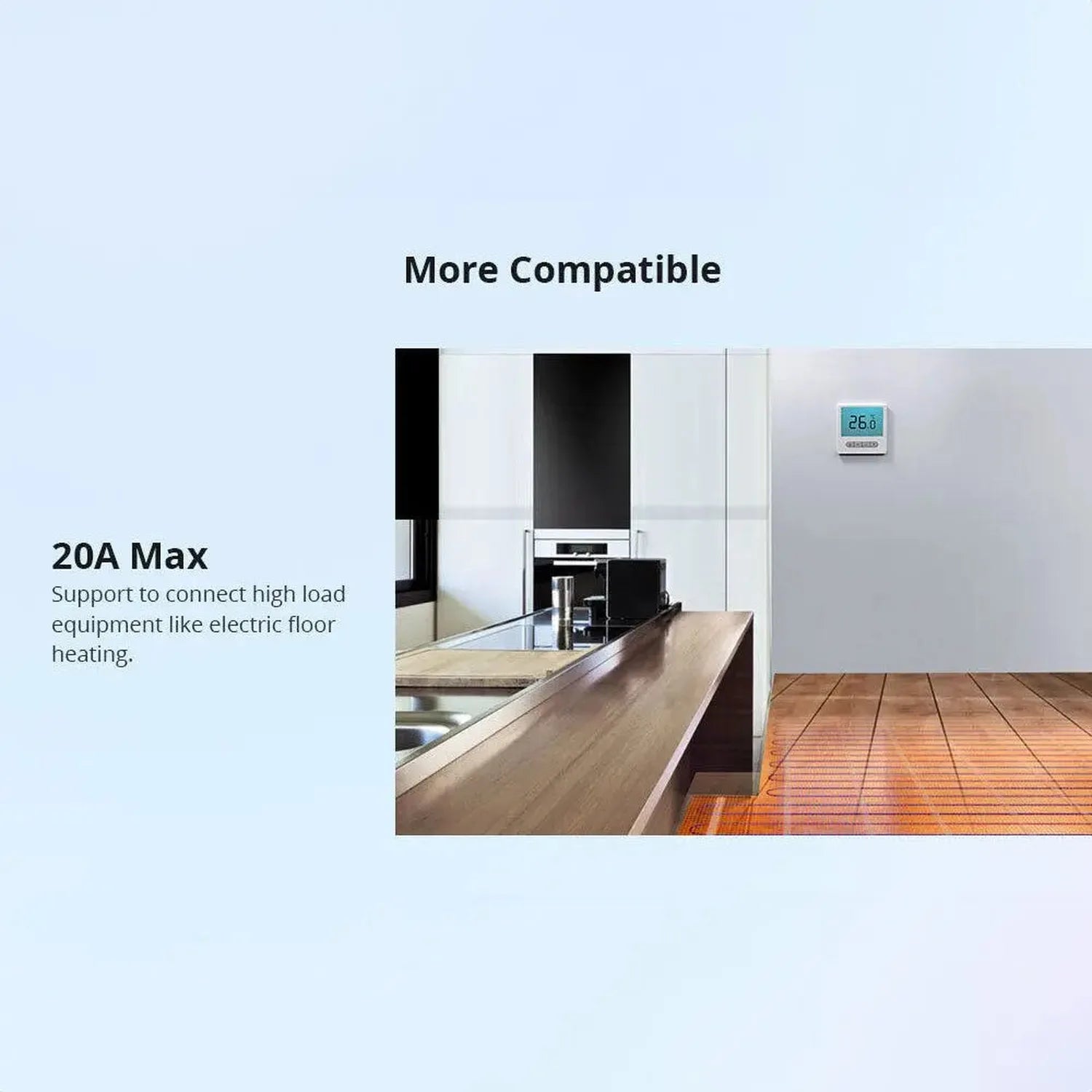 Kitchen installation showing smart thermostat on wall above electric floor heating system with 20A max capacity specification
