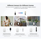 Three sensor options for different scenes: Temp and Humidity Sensor for indoor environments, Waterproof Temp Sensor for water