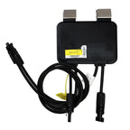 Tigo TS4-A-O solar optimiser with black housing, metal mounting brackets, attached cables, and yellow certification label vis