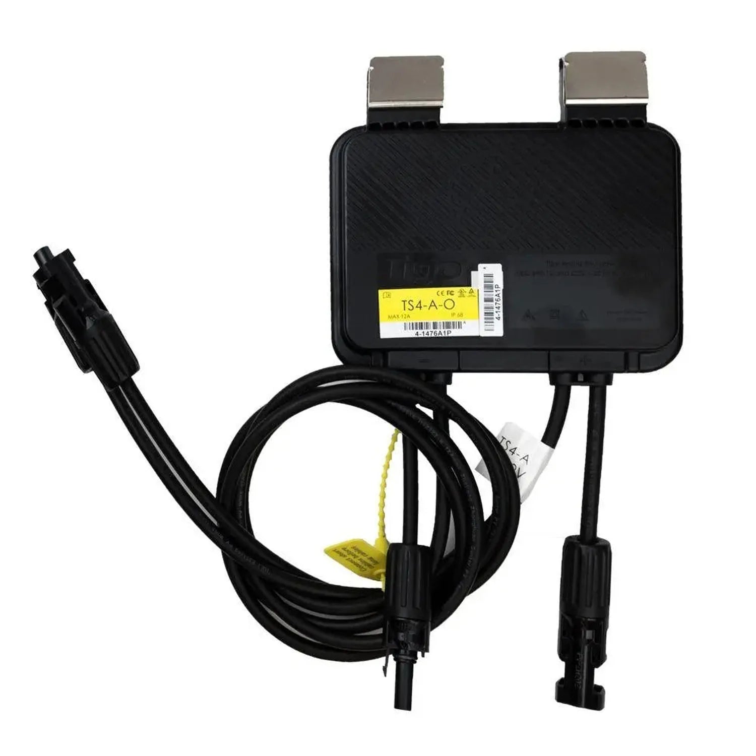 Tigo TS4-A-O solar optimiser with black housing, metal mounting brackets, attached cables, and yellow certification label vis
