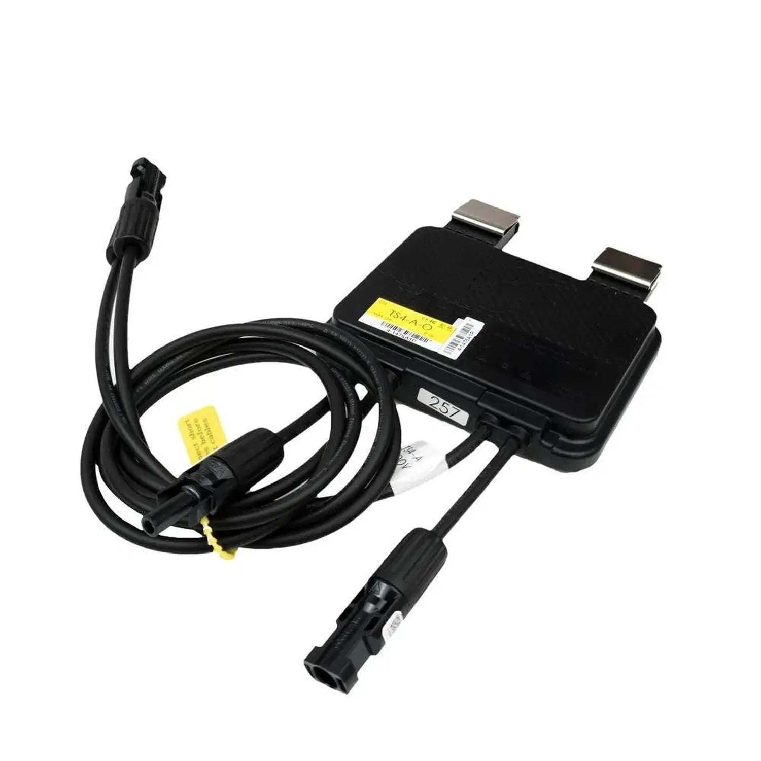 Tigo solar panel optimizer with black cables and MC4 connectors, yellow identification labels visible, product shot on white 