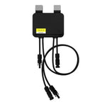 Tigo TS4-A-O solar panel optimizer with gray mounting brackets and black cables with MC4 connectors, model label visible.