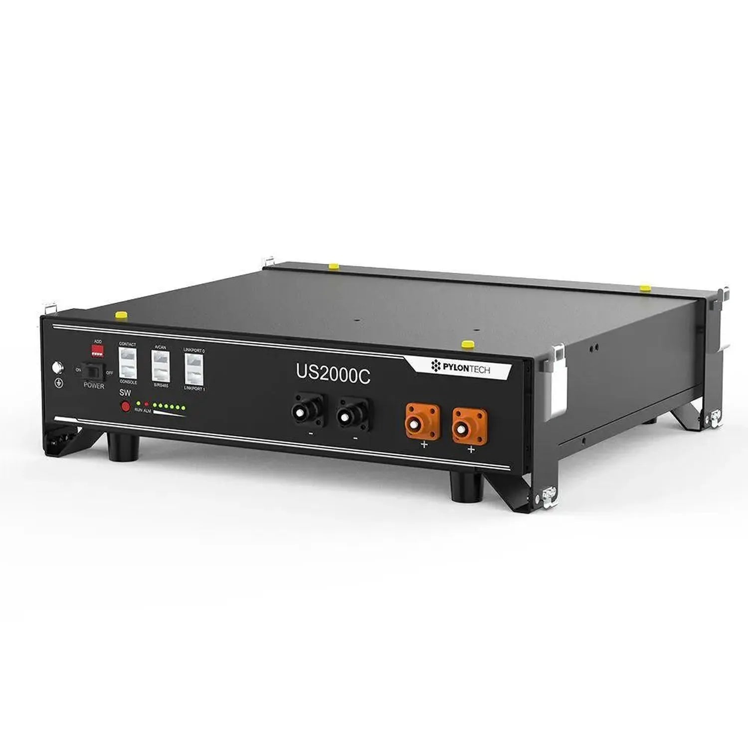 Pylontech US2000C battery system, black rectangular unit with control panel, orange connectors, and yellow alignment markers.