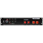 Pylontech US2000C battery unit, front view, showing power controls, indicator lights, and four red output terminals on black 