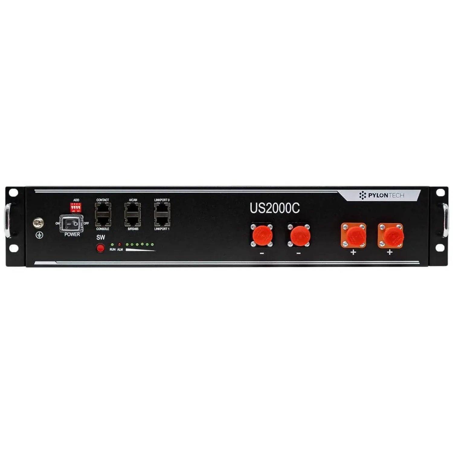 Pylontech US2000C battery unit, front view, showing power controls, indicator lights, and four red output terminals on black 
