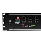 Front panel of Pylontech battery management system showing power switch, network ports, status indicators, and control button