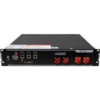 Pylontech US2000C battery unit, front view showing ports, switches, indicator lights, and four red power terminals.