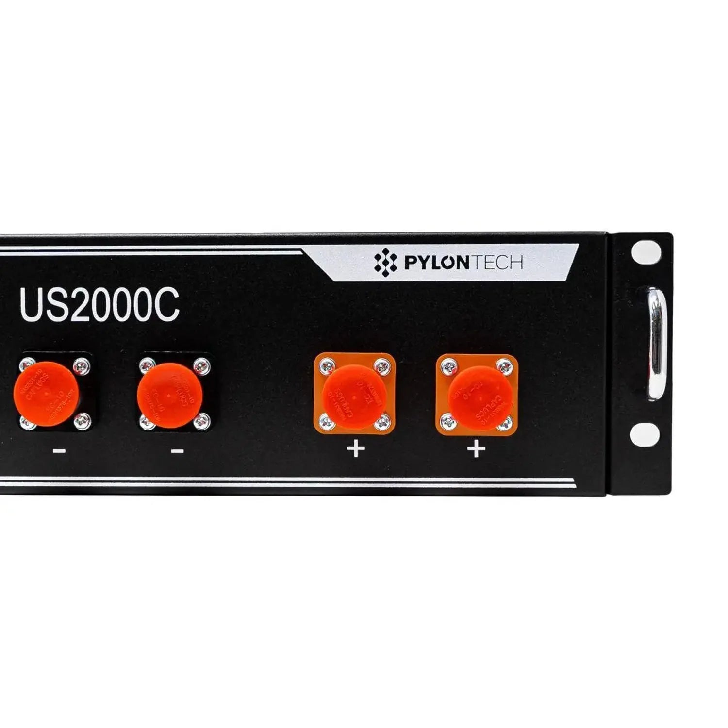 Pylontech US2000C battery front panel showing four red connectors with minus and plus terminals labeled.