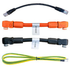 Four industrial cables and connectors: black RJ45 network cable, orange M-type connector cable, black angled M-type connector