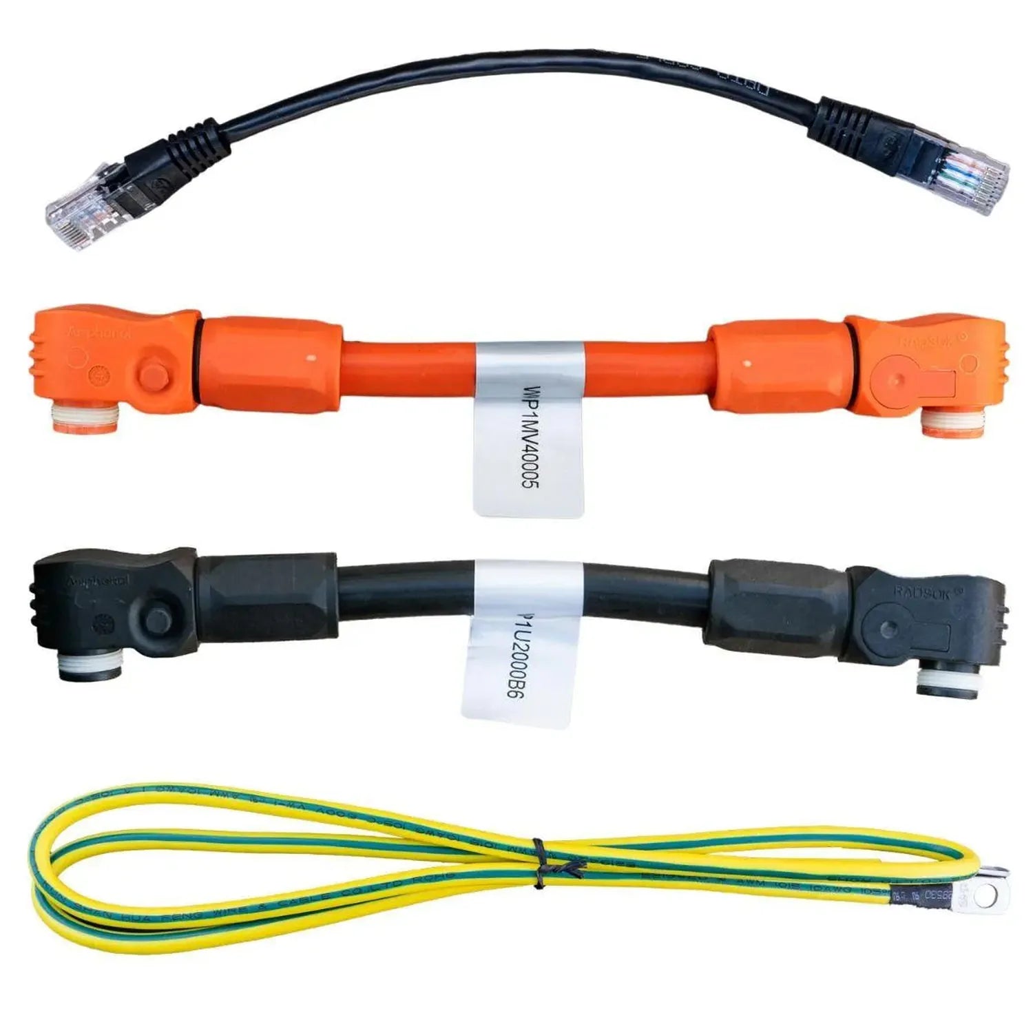 Four industrial cables and connectors: black RJ45 network cable, orange M-type connector cable, black angled M-type connector