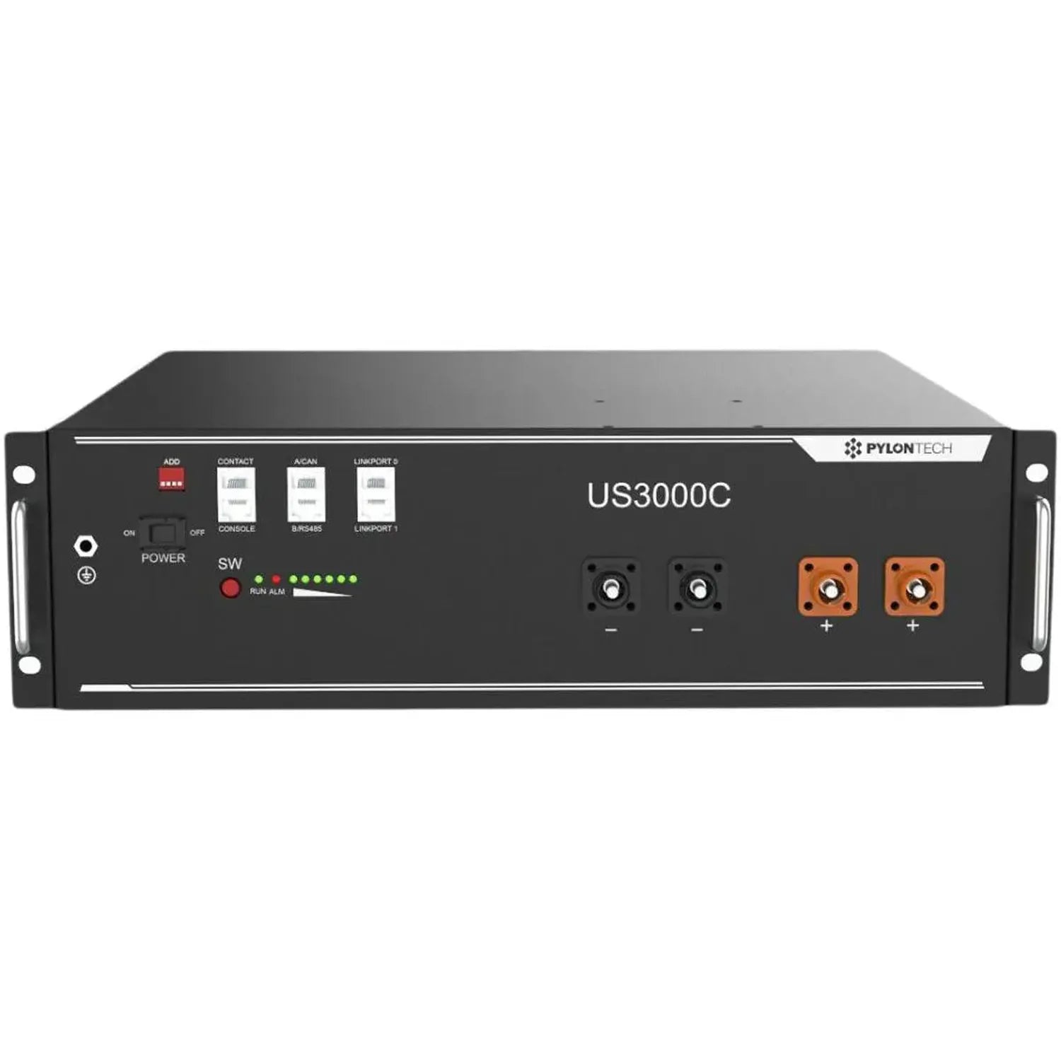 Pylontech US3000C lithium battery unit, front-facing product photo showing black metal chassis with control panel, indicator 