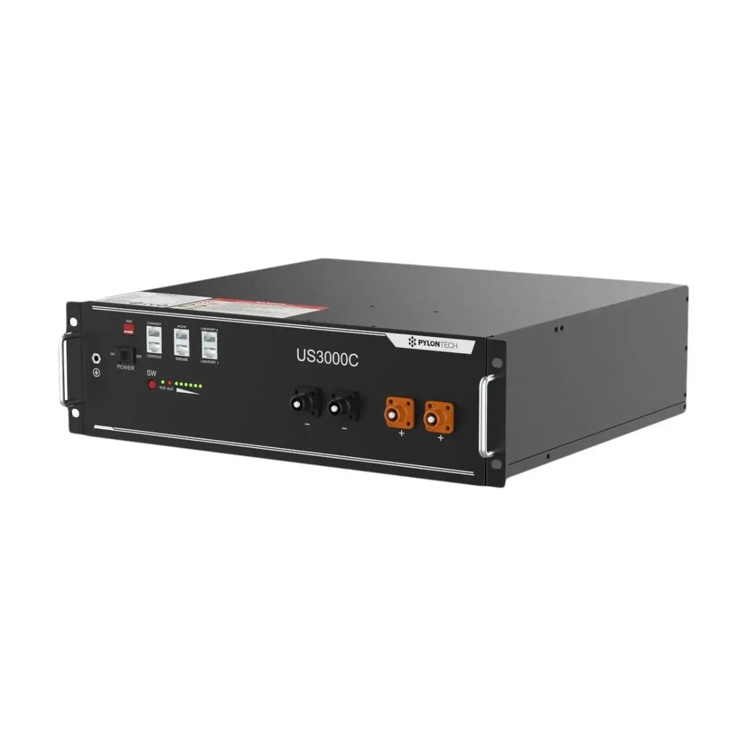 Pylontech US3000C lithium battery unit, front view showing power controls, status indicators, and orange terminal connectors.