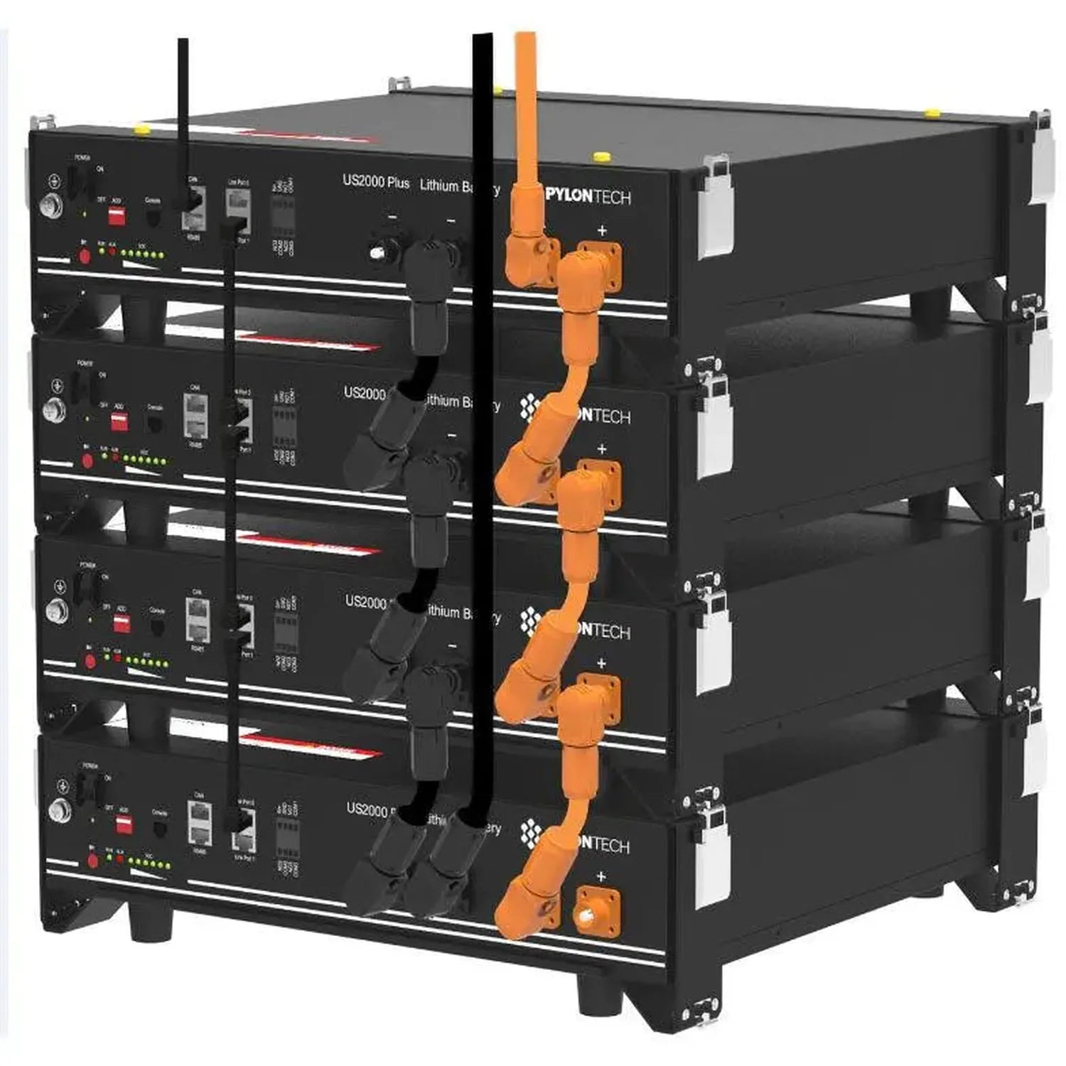 Stacked battery system showing four black Pylontech lithium battery units with orange interconnecting cables between them, co